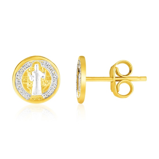 14k Two-tone Gold Religious Medal Post Earrings