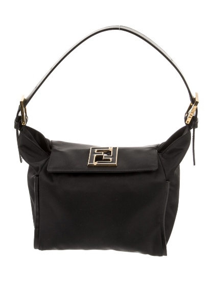 Fendi Black Nylon Flap Closed Top Handle Bag