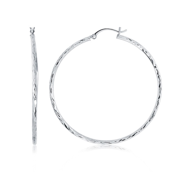 14k White Gold Diamond-cut Hoop Earrings