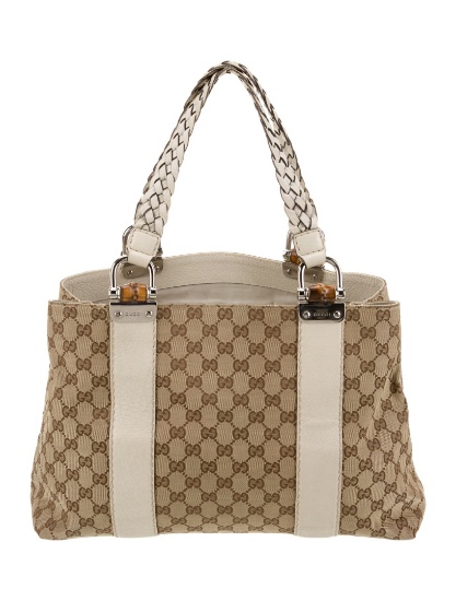 Gucci Bamboo & Leather Neut Canvas Weekender Bag