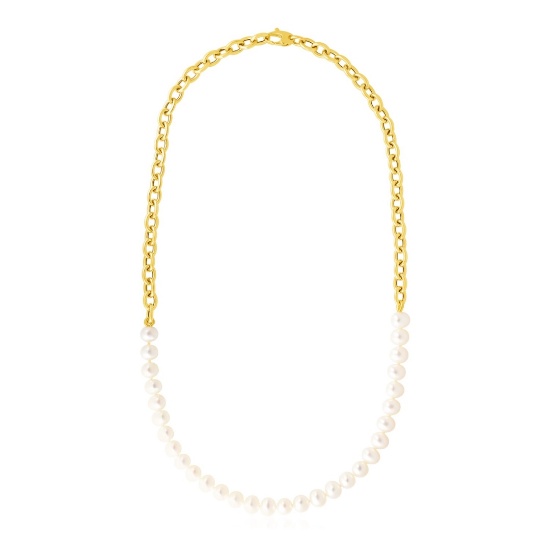 14k Gold Oval Chain With Pearls Necklace