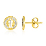 14k Two-tone Gold Religious Medal Post Earrings