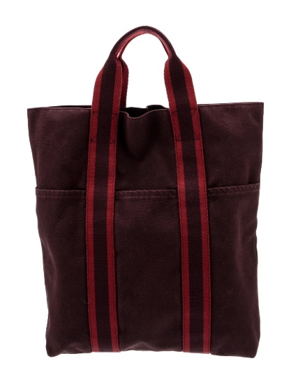Hermes Burgundy Toile Officier Canvas Striped Tote