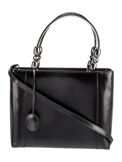 Christian Dior Vtg Blk Leather Beaded Top Hdl Bag
