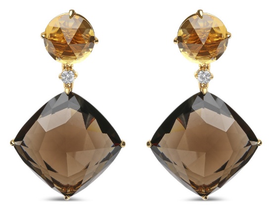 18k Gold 47.89ct Smoky Quartz & Citrine Earring