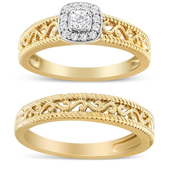 14k Gold-pl .21ct Diamond Halo Ring Set