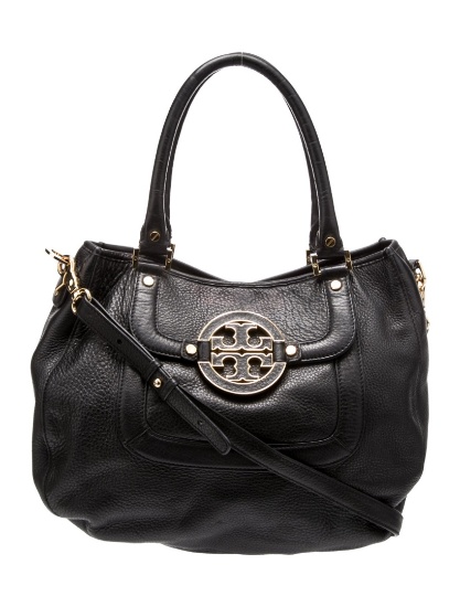 Tory Burch Logo Blk Leather Top Handle Bag