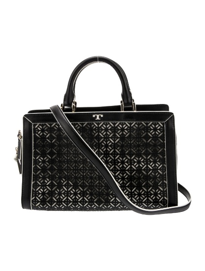 Tory Burch Prt Blk Leather Lasercut Top Hdl Bag