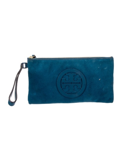 Tory Burch Blue Suede Zip Closure Clutch