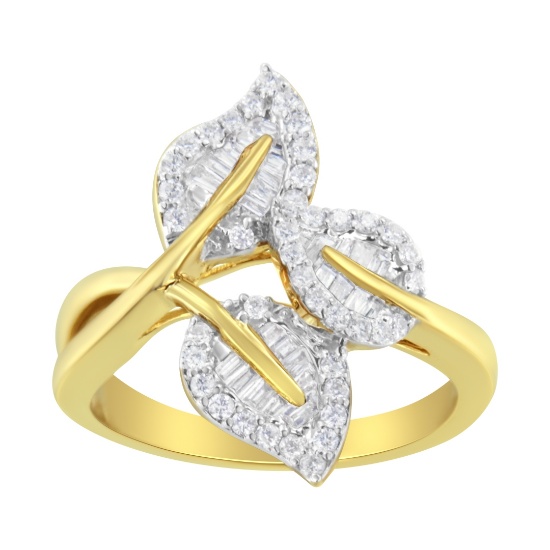 10k Gold .54ct Diamond Bypass Triple Leaf Ring