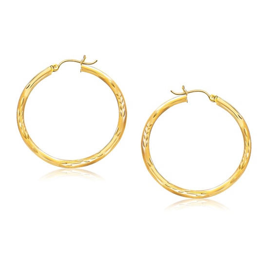 14k Gold Fancy Diamond Cut Hoop Earrings 35mm