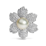 18k Gold 2.81ct Diamond & Pearl Floral Brooch Pin