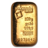 100 Gram Gold Bar Valcambi (cast/poured W/ Assay)