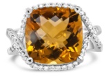 14k White Gold 6.35ct Citrine & Diamond Halo Ring