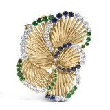 18k Gold 5.00ct Diamond, Sapphire & Emerald Brooch