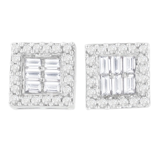 14k Gold Round & Baguette .99ct Diamond Earrings