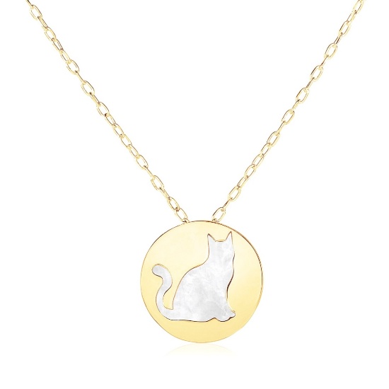 14k Gold Mother Of Pearl Cat Symbol Necklace