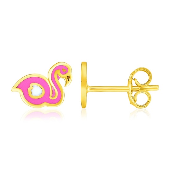 14k Gold & Enameled Flamingo Childrens Earrings