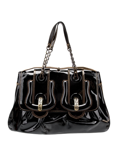 Fendi B Buckle Large Blk Patent Leather Shldr Bag