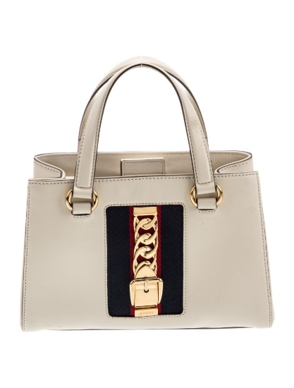 Gucci Web Sylvie Neut Leather Snap Cls Top Hdl Bag