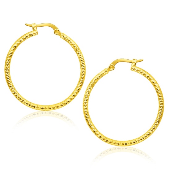 14k Gold Tube Textured Round Hoop Earrings