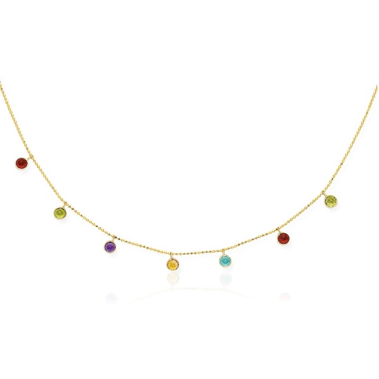 14k Gold Round Multi-stone Cable Necklace
