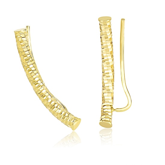14k Gold Curved Tube Earrings With Diamond Cuts