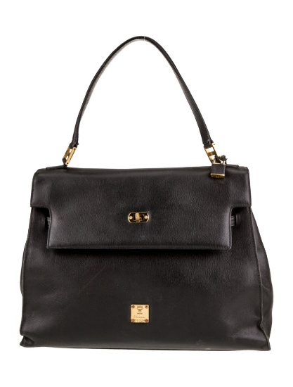 Mcm Black Leather Turn-lock Cls Top Hdl Bag
