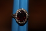 Sterling Diamond and Red Stone Ring