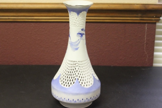 An Antique/Vintage Recticulated Signed Chinese or Japanese Blue and White Vase
