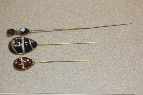 Lot of 3 Glass and Enamel Hair Pins