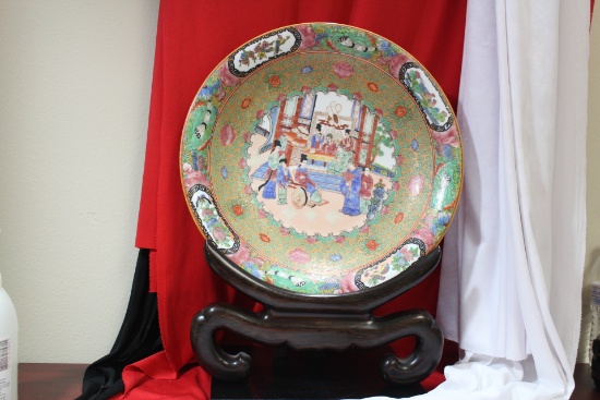 A Rose Medallion Platter and Wood Stand