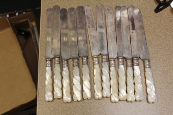 Twisted Mother of Pearl and Sterling Band Knives