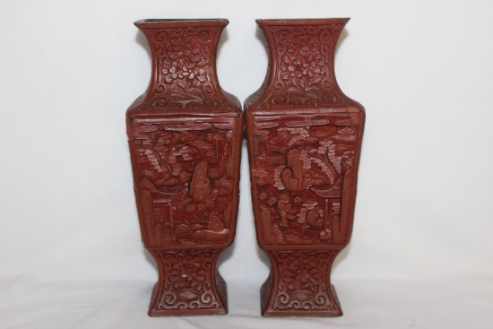 A Pair of Antique Chinese Cinnabar Vases
