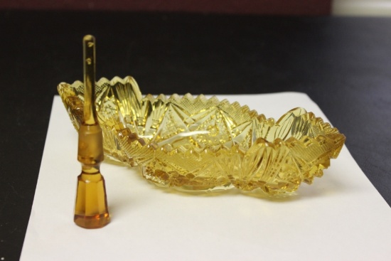 Lot of 2 Amber Cut Glass Bowl and a Stopper(?)