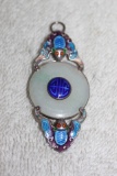 Antque Chinese Sterling Silver Enamel & White Jade