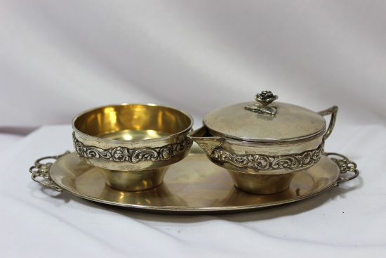 800 Silver Cream and Sugar Set on a Tray