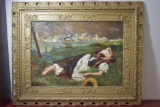 An Antique Oil on Canvas of a Sleeping Beauty