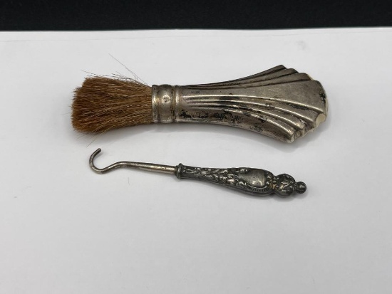 ANTIQUE STERLING SILVER HANDLED BUTTON HOOK AND BRUSH BY TOWLE