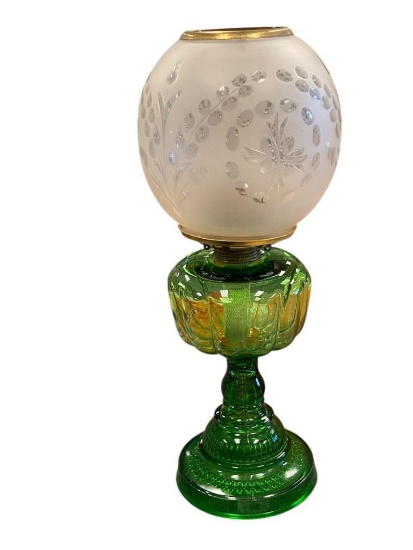 ANTIQUE RIVERSIDE FOOTED EMPRESS OIL LAMP WITH BRASS COLLAR STAMPED 1882-1883