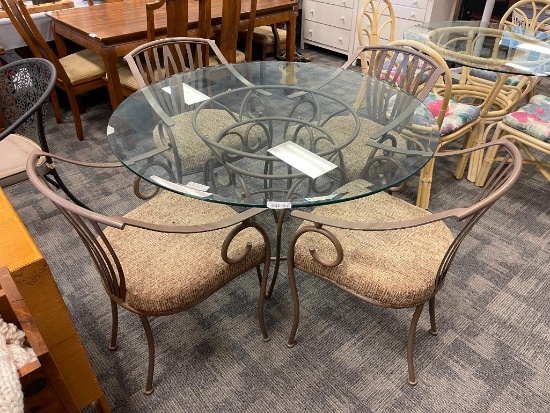 ROUND BEVELED GLASS PATIO TABLE AND FOUR CHAIRS SET BY MINSON