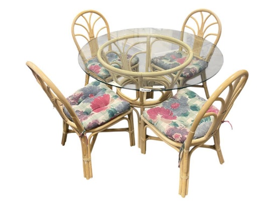 BEIGE PAINTED RATTAN GLASS TOP PATIO TABLE AND FOUR CHAIRS