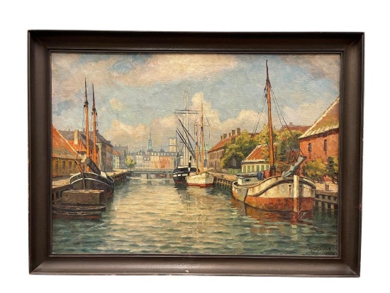 HANS KRUUSE DANISH PAINTER ORIGINAL OIL ON CANVAS CANAL SCENERY FROM COPENHAGEN