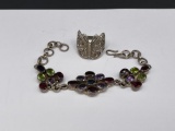 VINTAGE STERLING SILVER GEMSTONE BRACELET FEATURING AMETHYST AND PERIDOT AND STERLING BUTTERFLY R...