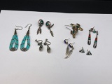 SEVEN PAIRS OF VINTAGE STERLING SILVER EARRINGS INCLUDING TURQUOISE AND LAPIS