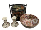 ORIENTALIA TOYO PORCELAIN GILT DECORATED BOWL, PAIR CANDLESTICKS, AND LACQUERED BENTO / JUBAKO BOX