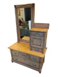 EARLY 1900'S ANTIQUE GENTLEMENS DRESSER WITH BEVELED SWIVEL MIRROR AND ATTACHED HATBOX