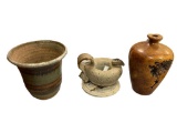 ARTISAN CRAFTS TURNED BURL WOOD VASE, STUDIO POTTERY OIL LAMP WITH TRIVET, AND USA POTTERY VASE