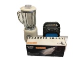 ASSORTED HOUSEHOLD ITEMS INCLUDING SHARPER IMAGE AUTO VACUUM, MAXPOWER SPEAKER, AND KIDISLE MIXER