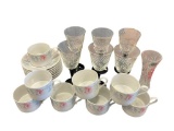 COLLECTIBLE PORCELAIN AND GLASS TABLEWARE INCLUDING CUPS AND SAUCERS AS WELL AS STEMWARE